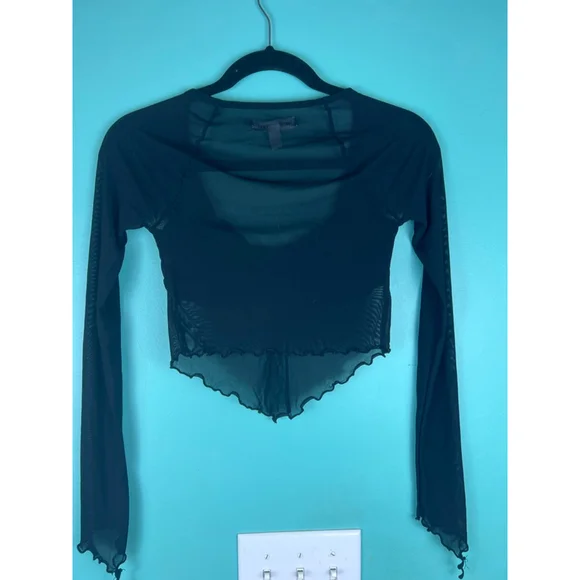 Urban Outfitters Black Sheer Mesh Ruched Crop Top — Lettuce Hem Long Sleeve — Si - Picture 5 of 5